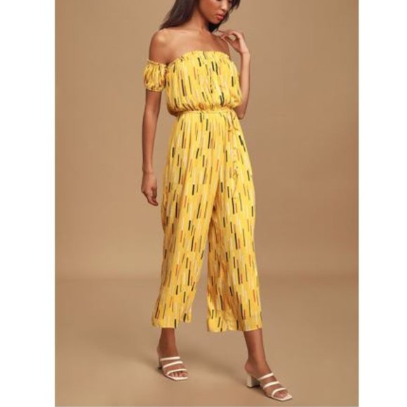 Lulus Pants - 🔆Lulu's Yellow Print Off-the-Shoulder Jumpsuit